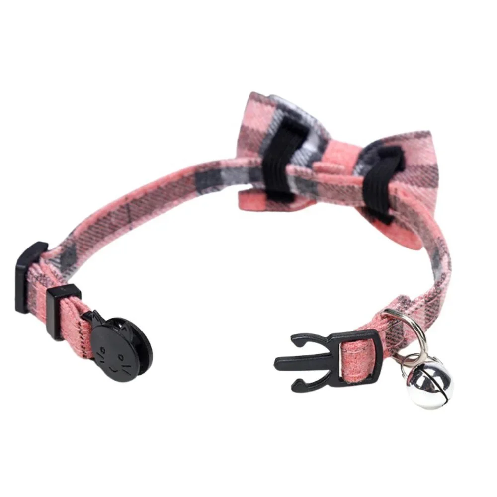 Pink and Grey Plaid Cat Break Away Collar With Bell And Detachable Bow